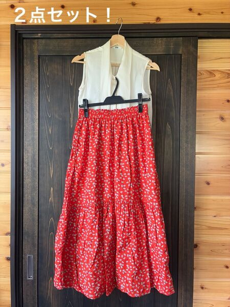 美品 2点セット ユニクロ PAUL&JOEコラボ 花柄 ロングスカート レッド系 Mサイズ ボウタイ ブラウス Sサイズ