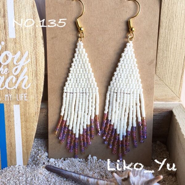 NO.135 フリンジ ツートーン ピアス 白ゴールド×ピンク系 ハンドメイド