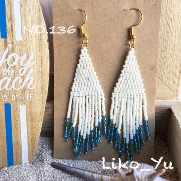 NO.136 フリンジ ツートーン ピアス 白ゴールド×ブルー系 ハンドメイド