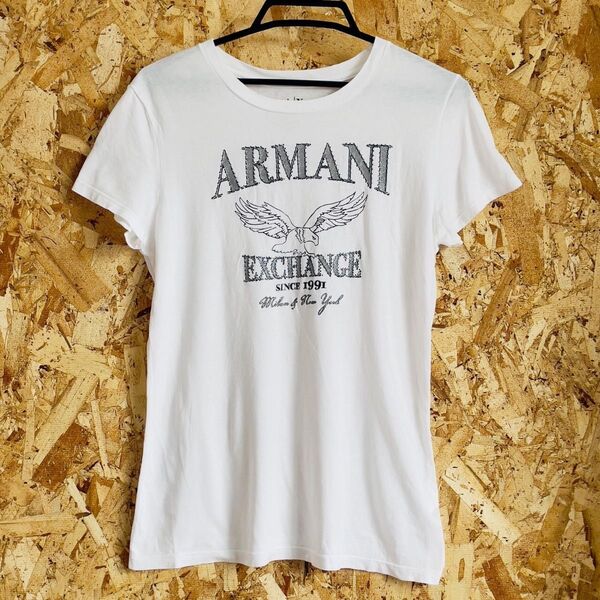 ARMANI EXCHANGE アルマーニ エクスチェンジ Tシャツ カットソー ビジュー ラメ イーグル L ホワイト 白