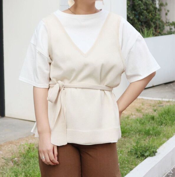半袖Tシャツ セットアップ ベスト アングリッド セーター カットソー Vネック 半袖 ベージュ ニット サマーニット Tシャツ