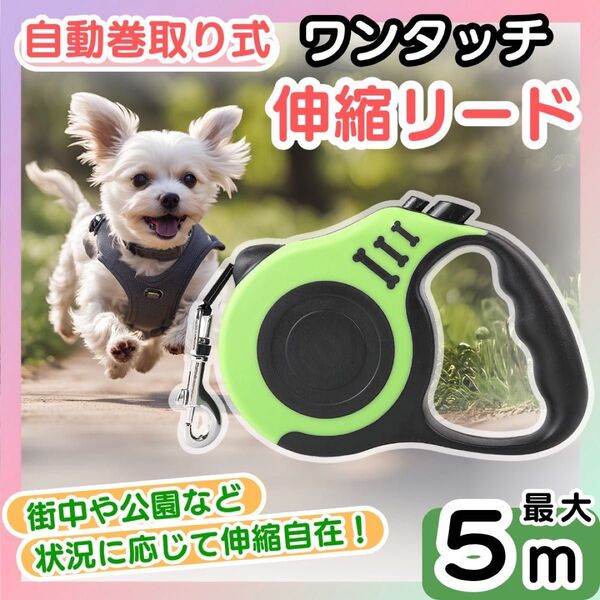 【ライトグリーン】伸縮リード 自動巻き取り ロック付き 5m 散歩 犬用 リード 1個
