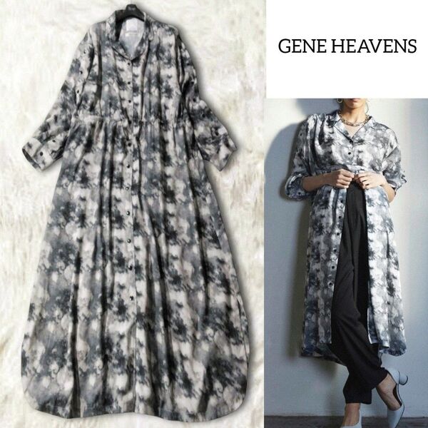 GENE HEAVENS ジーンヘブンズ 個性的 シャツワンピース ロングワンピース 総柄 グレー マーブル シアー 長袖 春夏