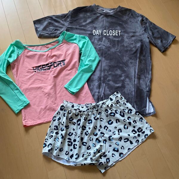 L ラッシュガード セットアップ ショートパンツ 半袖 ホームクリーニング済み 水着生地 3点セット ショーパン