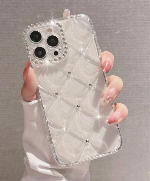 【即購入OK】iPhoneケース ラインストーン キルティング 透明 クリア