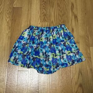 ◆ ブルー系 総柄 シフォン ショートパンツ ホットパンツ Sサイズ位 ☆ 3段フリル ミニスカート風 ウエストゴム