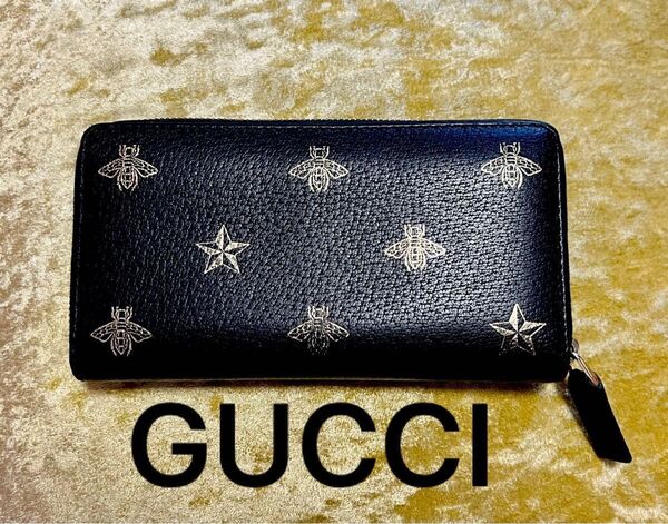 レア 美品 GUCCI グッチ ラウンドファスナー 長財布 蜂 レザー 黒 ブラック