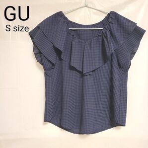 GU ジーユー ラッフルカラーフレンチスリーブブラウス ネイビー S