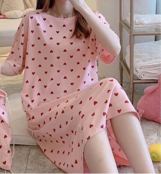 ハート ピンク XLサイズ ルームウェア ワンピース パジャマ 春 夏 薄手 部屋着 リラックス 女性 婦人