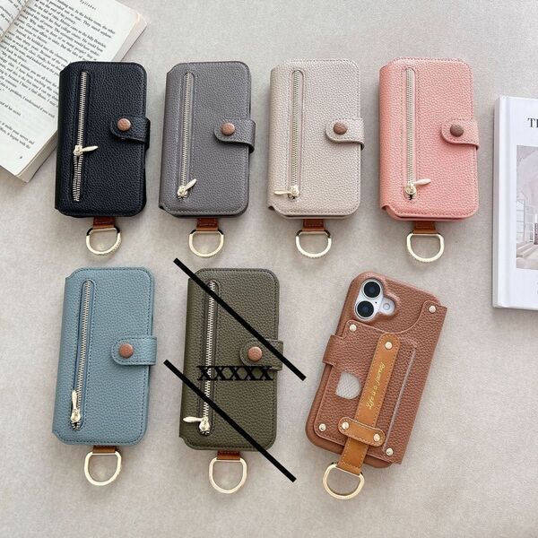 iPhone 13/14/15手帳型ケース カード収納 リングスタンド リストストラップ付き