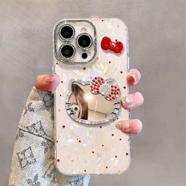 iPhone16ケース キラキラ キティちゃんミラー 立体リボン付き