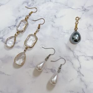 3点セット ハンドメイド ピアス イヤリング マスクチャーム ストラップ ドロップ しずく シンプル キラキラ
