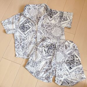 セットアップ 上下セット 半袖 短パン アロハシャツ ペイズリー柄 速乾 爽やか 男の子 女の子 100 110 ホワイト 白