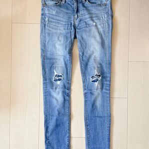 デニムパンツ デニム ジーンズ スキニー ダメージ ストレート しまむら CLOSSHI インディゴ 紺 S M