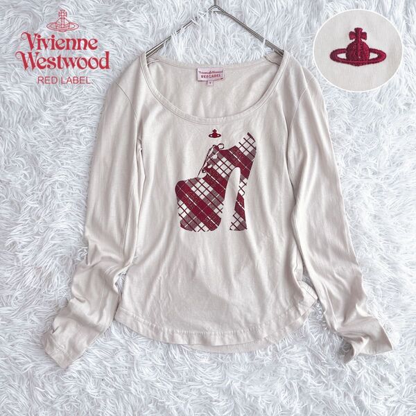 ヴィヴィアン Vivienne 伝説靴 スーパーエレベイテッドギリー オーブ刺繍 赤チェック Tシャツ カットソー ラウンドネック