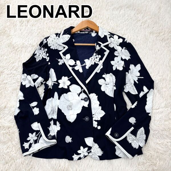LEONARD レオナール テーラードジャケット カンカン素材 花柄 ダークネイビー 総柄 大きいサイズ L 白 春 夏