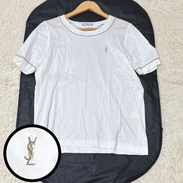 Yves saint Laurent Tシャツ カットソー 半袖 胸元ロゴ カサンドラ 金ライン 白 福助 ヴィンテージ