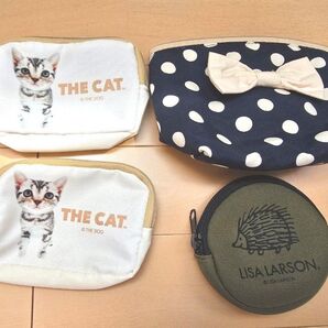 水玉模様リボンポーチとLisa Larson小銭入れ THE CAT 2個セット ポーチ まとめ