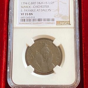 1794年 英国チチェスター発行 トークン・ハーフペニー “Queen Elizabeth I” VF35 BN【NGC鑑定品】