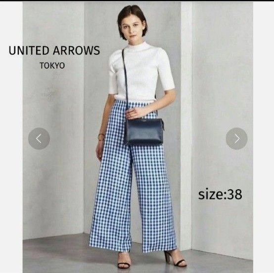 UNITED ARROWS ギンガムチェック ワイドパンツ ボトムス パンツ 青×白 38 M 美シルエット