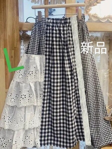 新品 ギンガムチェックとレースのフレアロングスカート ギンガムチェック レース L