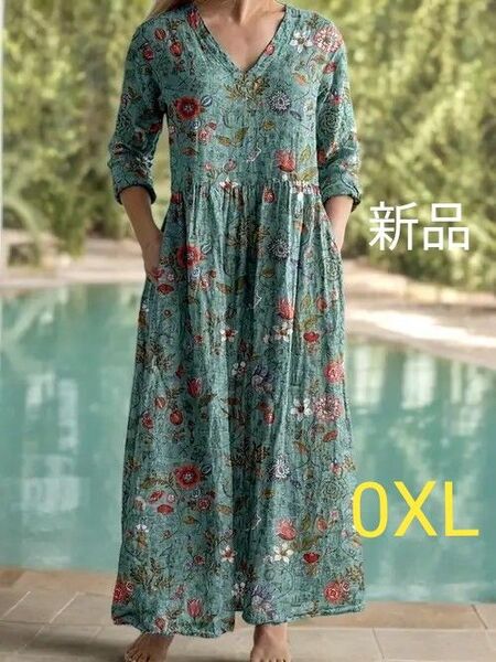 新品 花柄ロングマキシ丈ワンピース 夏春 薄手長袖 OXL ブルー系