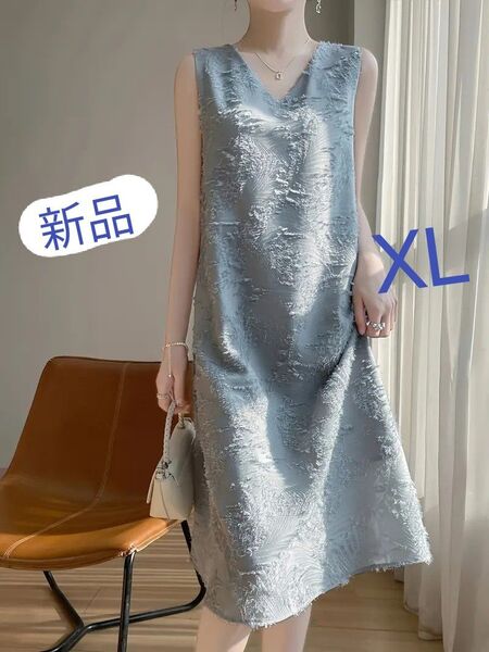 新品 ドレッシーノースリーブワンピース ブルーグレー XL