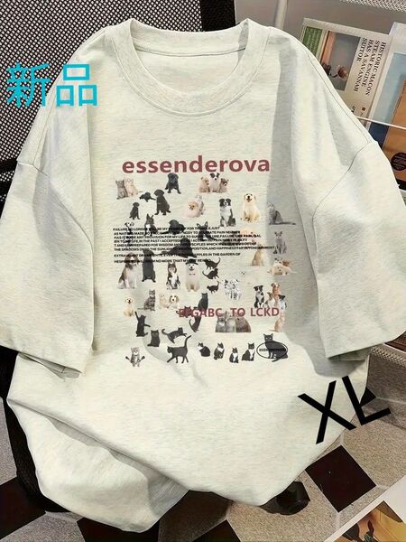 新品 コットン100 半袖Tシャツ 多種ワンちゃん キャラクター うっすらグレー XL