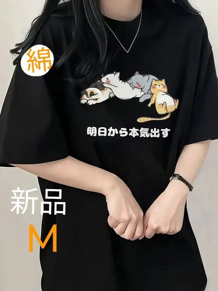 新品 グータラねこ4匹 コットン100 ブラック M