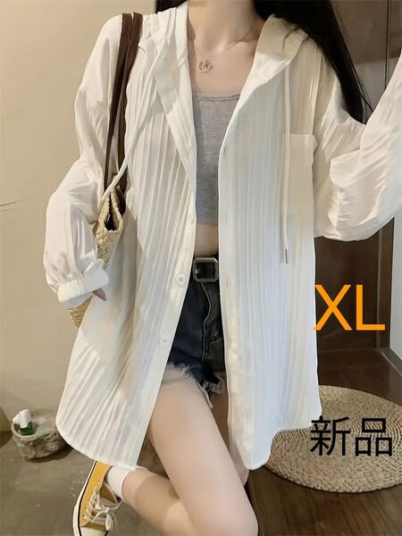 新品 真夏の羽織 フード長袖 薄手 韓国 白 XL 軽量カーディガン 長袖