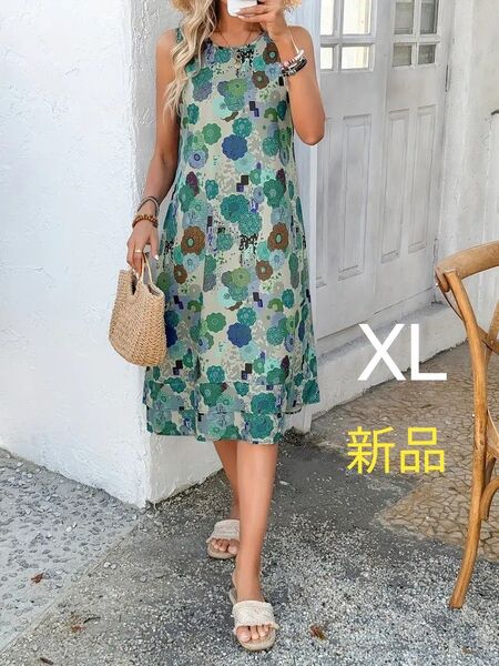 新品 ノースリーブワンピース 花柄 マルチカラー ブルー系 XL