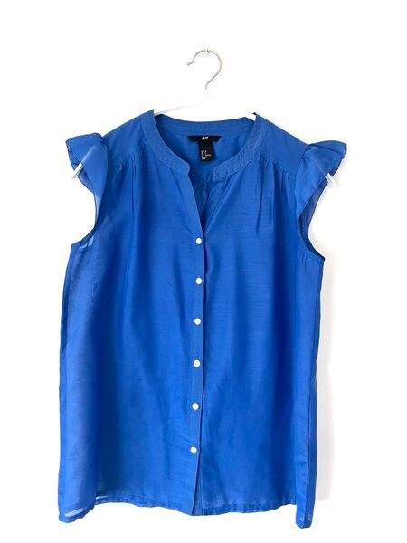 H&M ノースリーブシャツ 青 フリル付き ブラウス XS