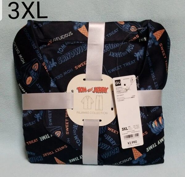 新品☆3XL/トムとジェリー サテンパジャマ(半袖&ロングパンツ)ネイビー☆GU