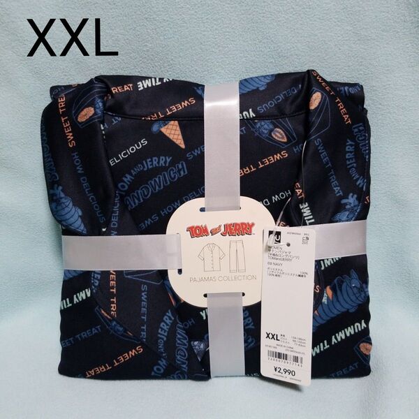 新品☆XXL/トムとジェリー サテンパジャマ(半袖&ロングパンツ)ネイビー☆GU