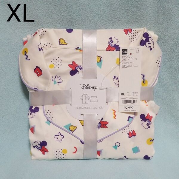 新品☆XL/サテンパジャマ(半袖&ショートパンツ)オフホワイト☆Disney×GU