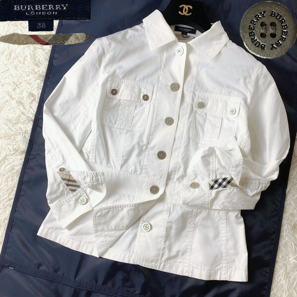 9美品 BURBERRY LONDON バーバリーロンドン コットン シャツ ジャケット ノバチェック 刻印ボタン M 白 春夏