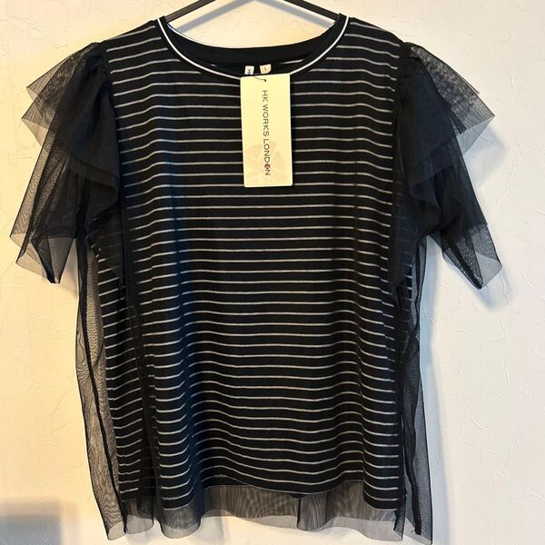 【HK WORKS LONDON】 ブラック チュールフリル袖 半袖トップス トップス Tシャツ L カットソー