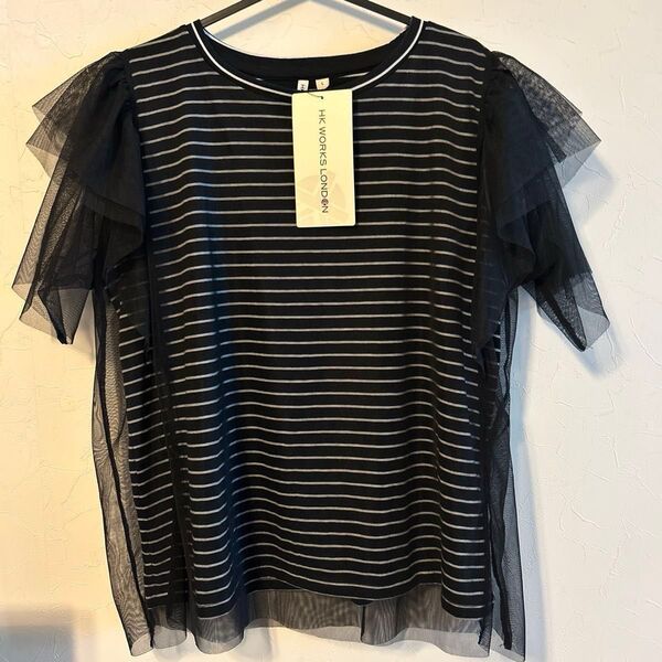 【HK WORKS LONDON】 ブラック チュールフリル袖 半袖トップス トップス Tシャツ L カットソー