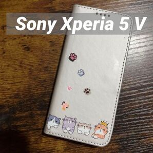 Xperia 5 V スマホケース 手帳型カバー カード収納 PUレザー シルバー 猫 ねこ ネコ