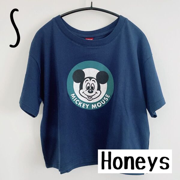 【美品】Honeys ミッキーマウスのTシャツ S 半袖 ディズニー シンプル Tシャツ ネイビー 古着 プリント 半袖 紺