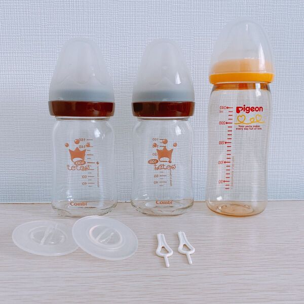 【美品】哺乳瓶3本セット コンビteteo 160ml×2 ピジョン 240ml Pigeon 母乳実感 プラスチック製 ガラス