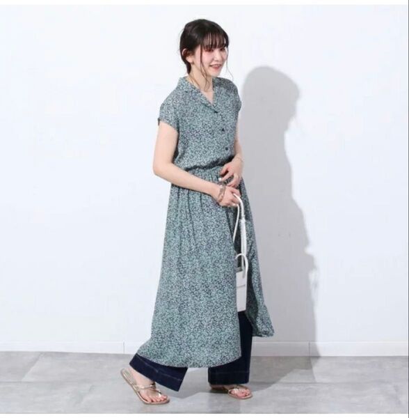 【coen コーエン】LIGHT&COOLリーフプリントロング丈ワンピース フリーサイズ グリーン 小花柄 ガーリー