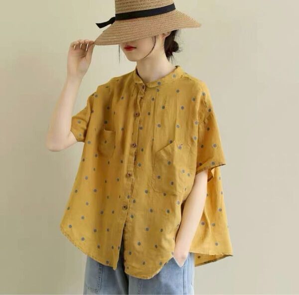 半袖シャツ ドット柄 綿麻素材 イエロー 水玉 かわいい 半袖 シャツ
