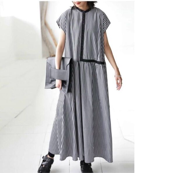 ストライプ シャツワンピース ブラック 夏服 ドルマンスリーブ ロングワンピース