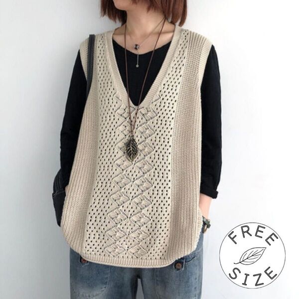 【再入荷!】ニット ベスト Vネック ベージュ 透かし編み 春 夏 秋