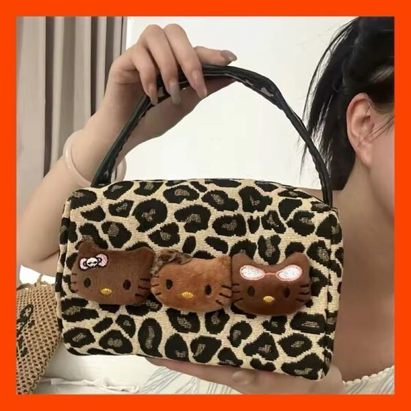 ハローキティ ヒョウ柄 ハンドバッグ 大容量 小物入れ 化粧ポーチ メイクポーチ プレゼント 誕生日 日焼け +おりがみ1枚