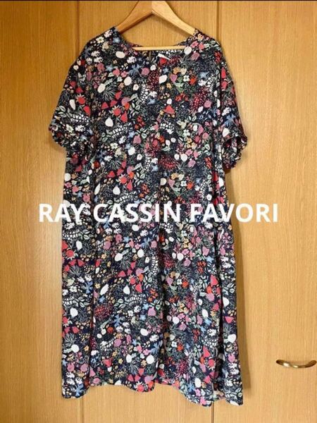 レイカズンフェバリ レディース ワンピース チュニック 膝丈 ひざ丈 半袖 花柄 ボタニカル柄 紺色 タグ付き新品未使用