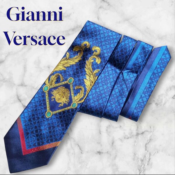 VERSACE ヴェルサーチ ネクタイ ロゴ入 メデューサ バロック 紳士服 シルク イタリア製 幾何学模様 ブルー 青