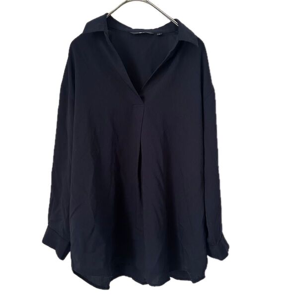 美品 UNIQLO ユニクロ ブラウス シャツ 長袖 M プルオーバー スキッパー Vネック 襟付き オフィス OL