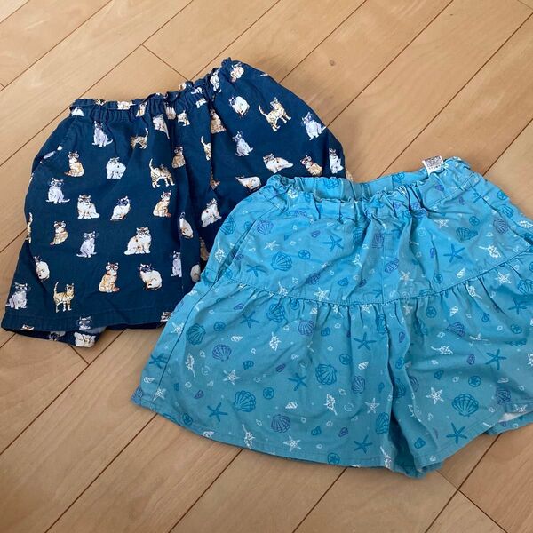 UNIQLO GU キッズ キュロット ショートパンツ 女の子 猫 海 140 二枚セット